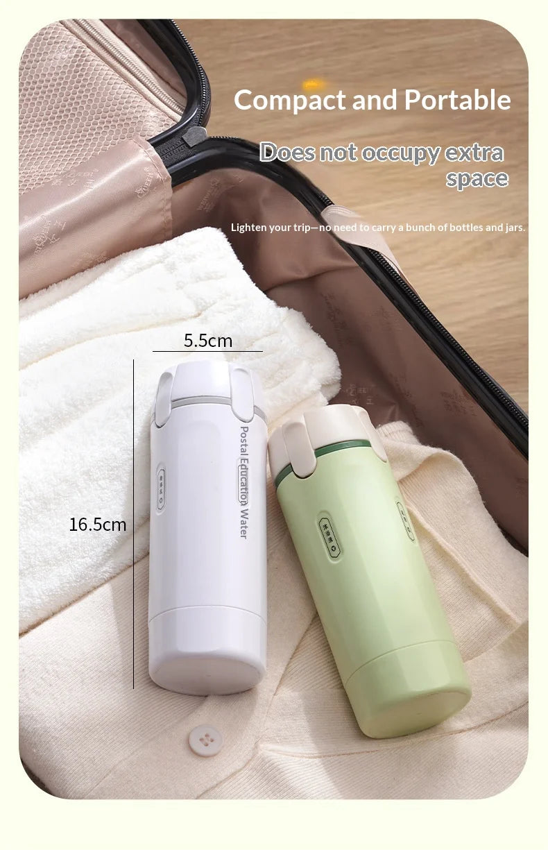 Two small bottles, one white and one green, on a textured surface with text indicating compactness and portability.