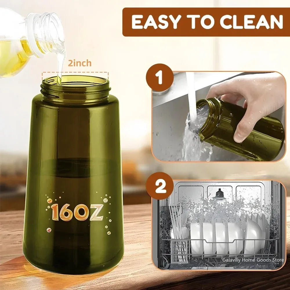 Green water bottle with measurement details and cleaning instructions on a wooden surface.