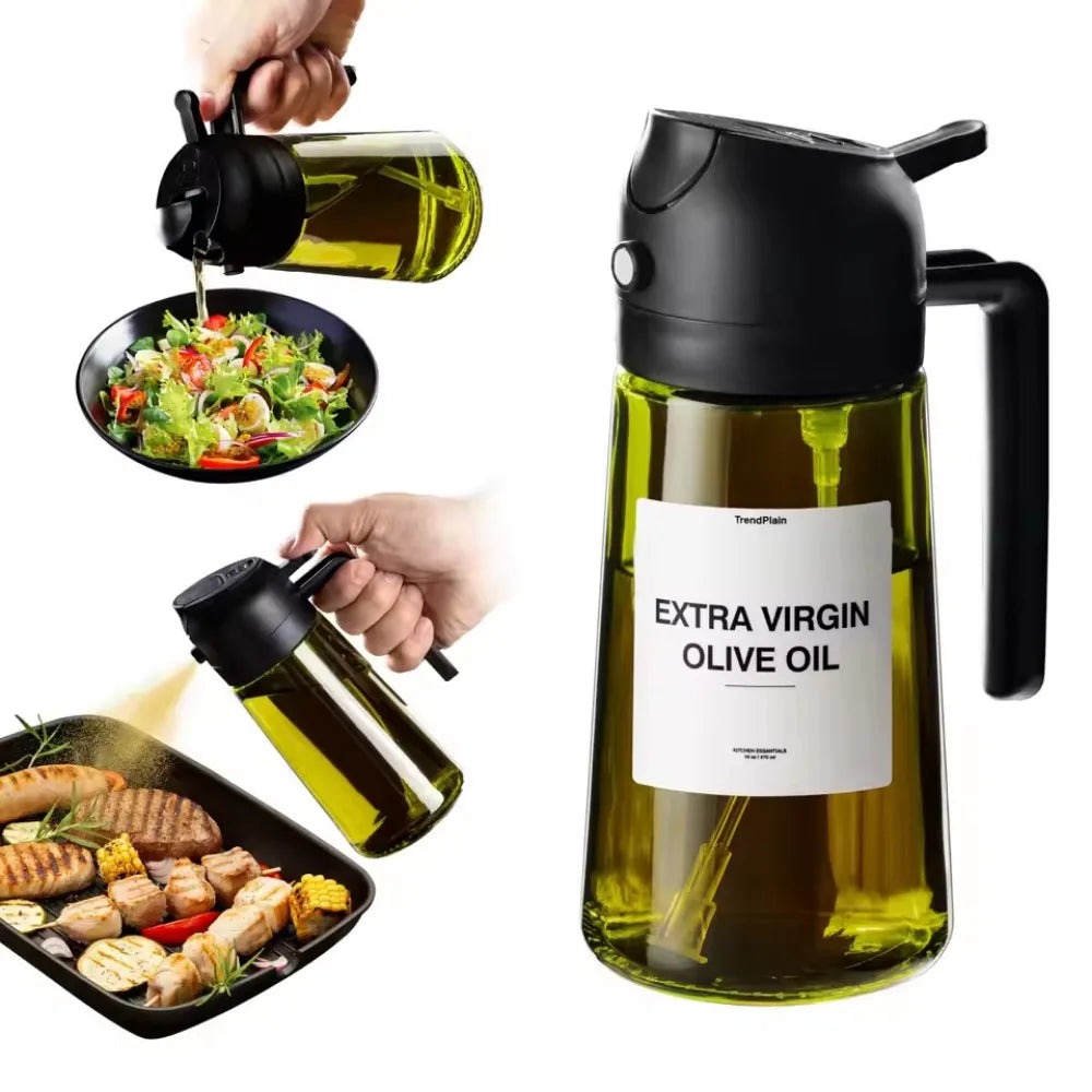 Olive oil bottle with a label indicating 'Extra Virgin Olive Oil' being used on food.