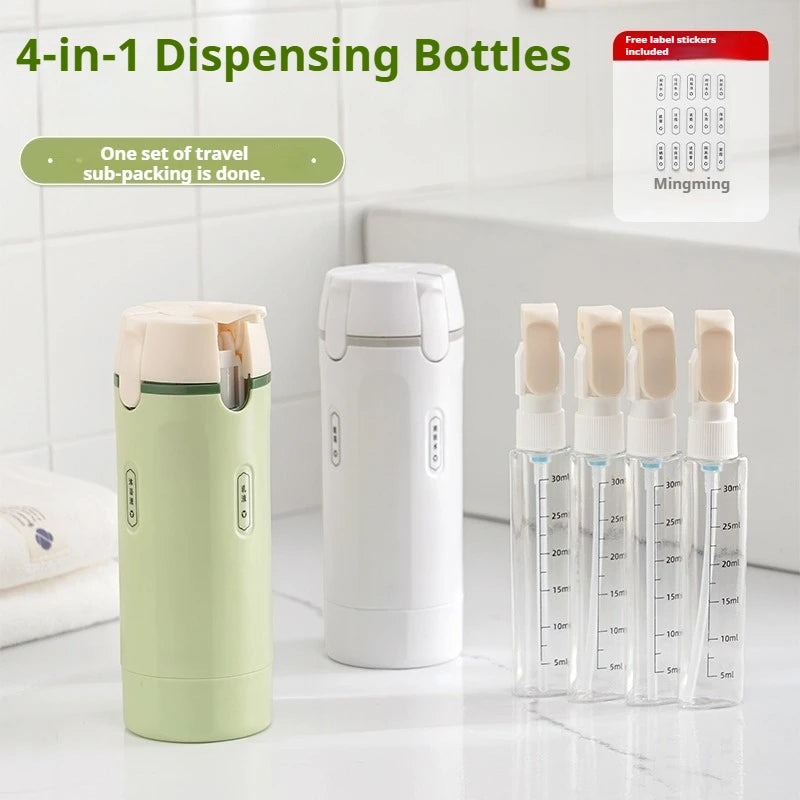 Set of 4-in-1 dispensing bottles with a green and white container, multiple small bottles, and a label sticker on a tiled wall background.