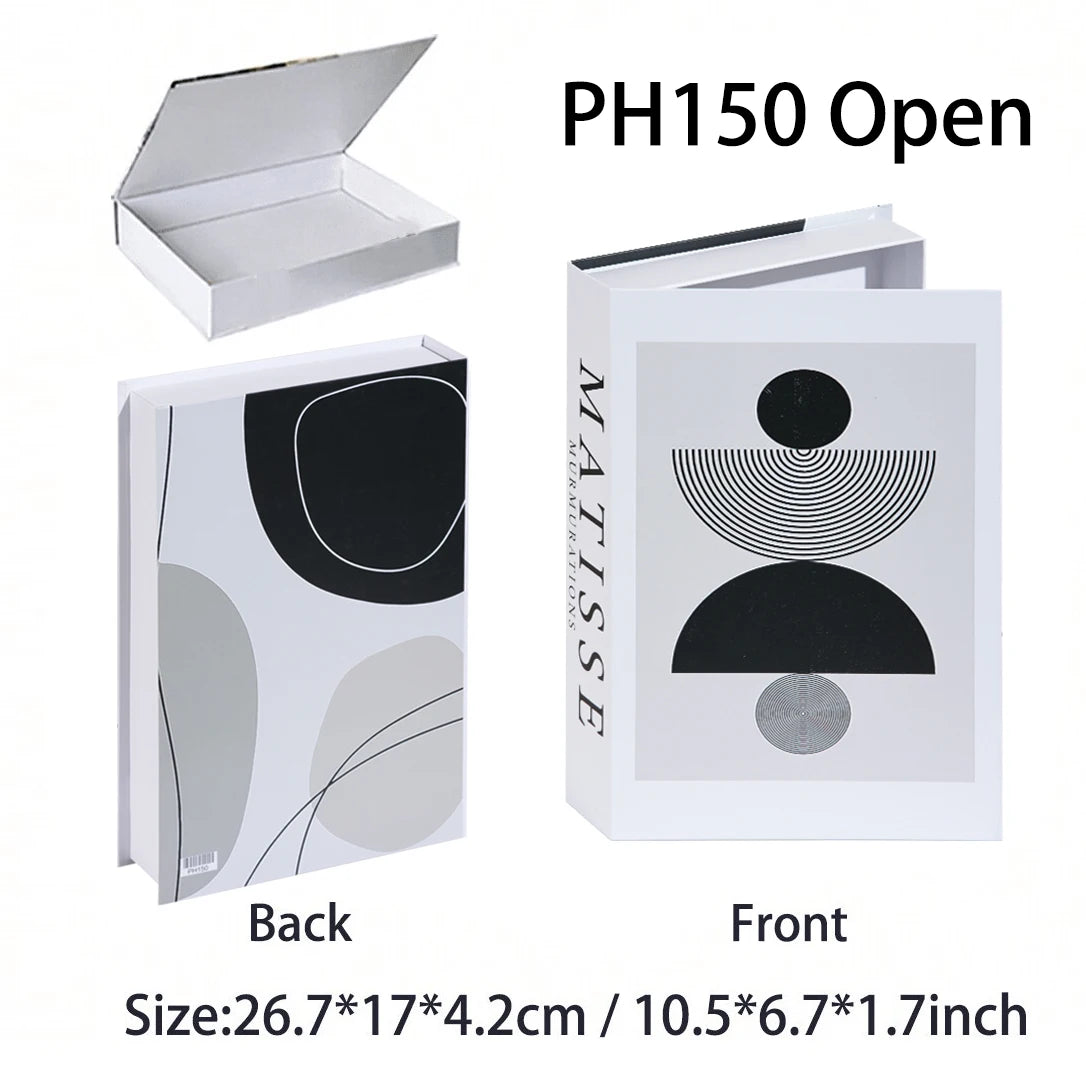 White box with black and gray geometric design, open and closed, on a white background.