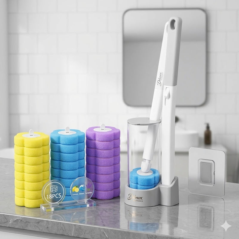 Cleaning brush with sponge refill and colorful refills on a bathroom counter.